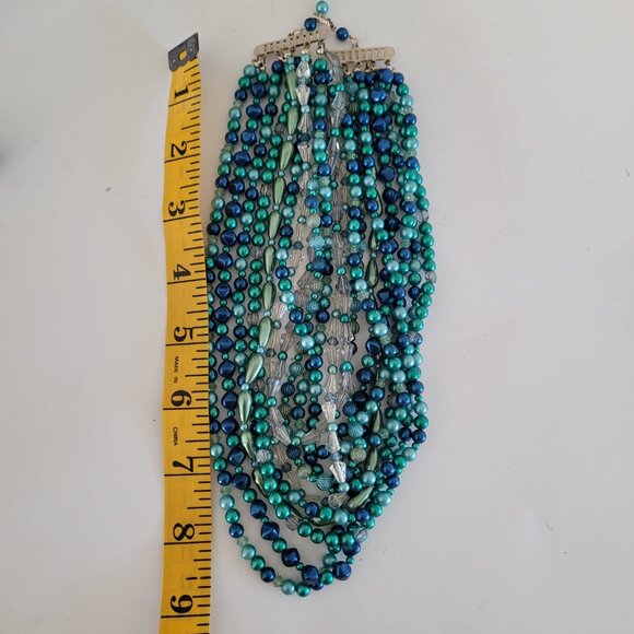 Japan Vintage Plastic Bead Multi Strand Necklace Cluster Earrings Set Blue Green - Picture 6 of 8
